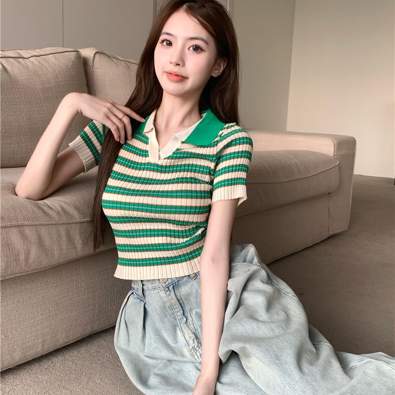 Áo Croptop Len Mongtoghi Kẻ Cổ Bẻ Cộc Tay Co Giãn Thời Trang Sugal TOP NU 049V1