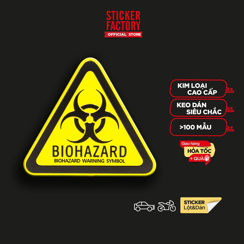 Biohazard Zombie tam giác vàng - Sticker hình dán metal kim loại- STICKER FACTORY