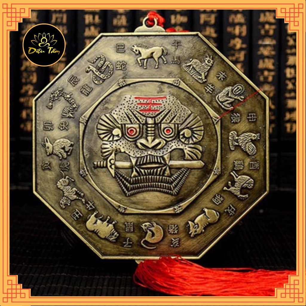 Gương bát quái hổ phù âm dương có dây treo tâm kết đỏ
