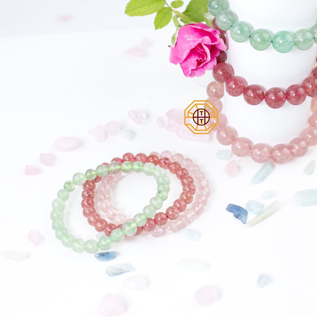 Vòng Tay Phong Thuỷ Đá Thạchh Anh Dâu Tây Xanh, Hồng Tự nhiên [TẶNG HỘP GỖ] Nữ mệnh Mộc Hỏa Thổ - Phong Thủy Tây Tạng