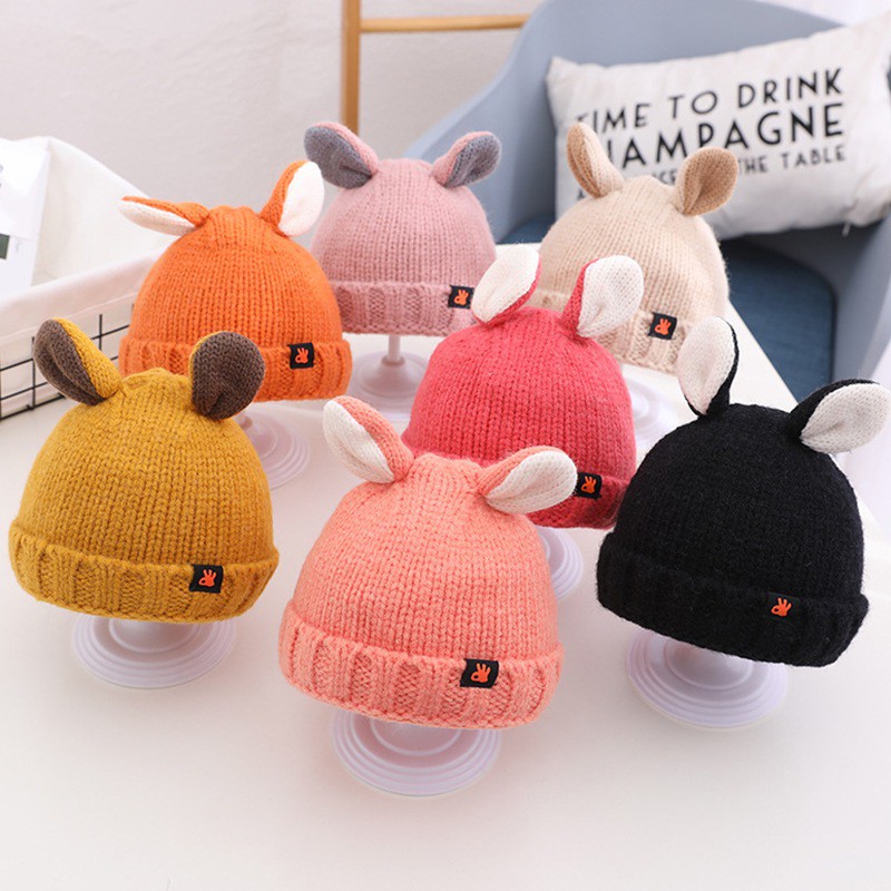 Mũ beanie dệt kim mềm co giãn tai thỏ màu kẹo dễ thương thời trang mùa đông cho bé 0-1 tuổi