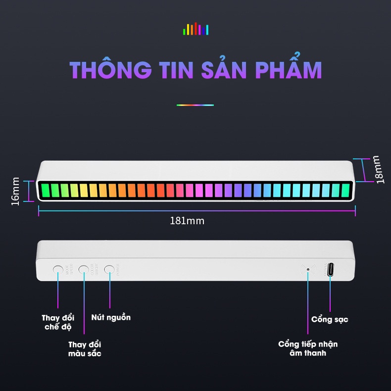 Thanh đèn LED RGB nháy theo nhạc cảm ứng âm thanh 16 triệu màu dùng trang trí máy tính, decor phòng, gắn trong ô tô