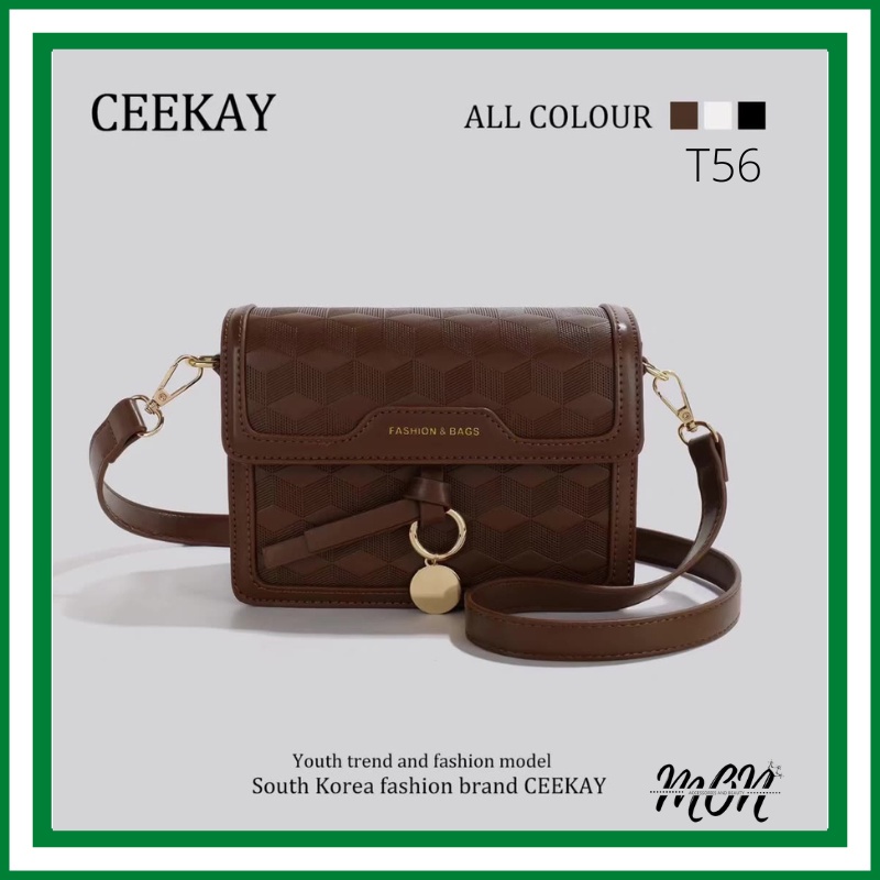🌸sẵn🌸 Túi xách da nâu đeo chéo, đeo vai nữ CEEKAY chính hãng họa tiết kẻ sọc dập chìm - T56