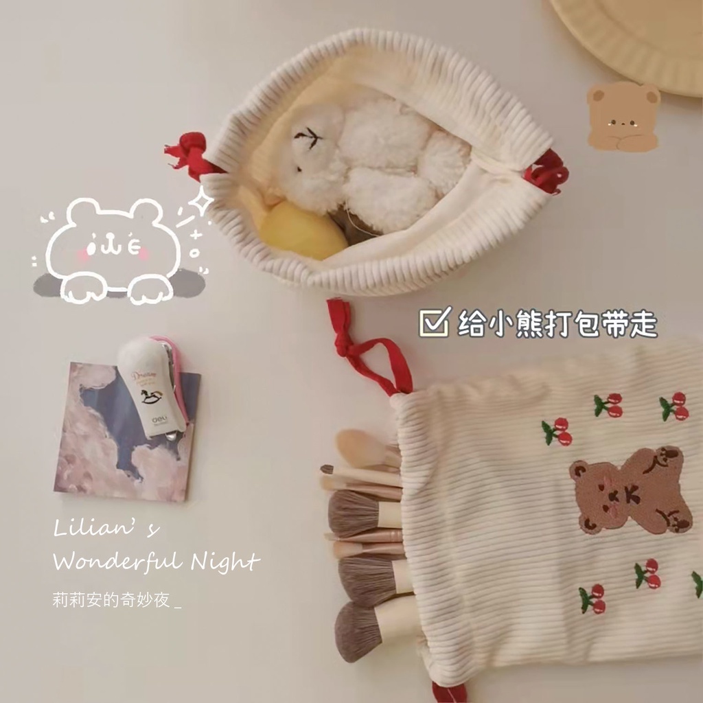 Cherry Teddy Túi Đựng Mỹ Phẩm / Đồ Vệ Sinh Cá Nhân Mang Đi Ra Ngoài Phiên Bản Hàn Quốc Chất Lượng Cao