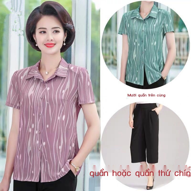 Quần áo phụ nữ trung niên mẹ mùa hè sơ mi voan của 50 tuổi và cao ngắn tay mỏng