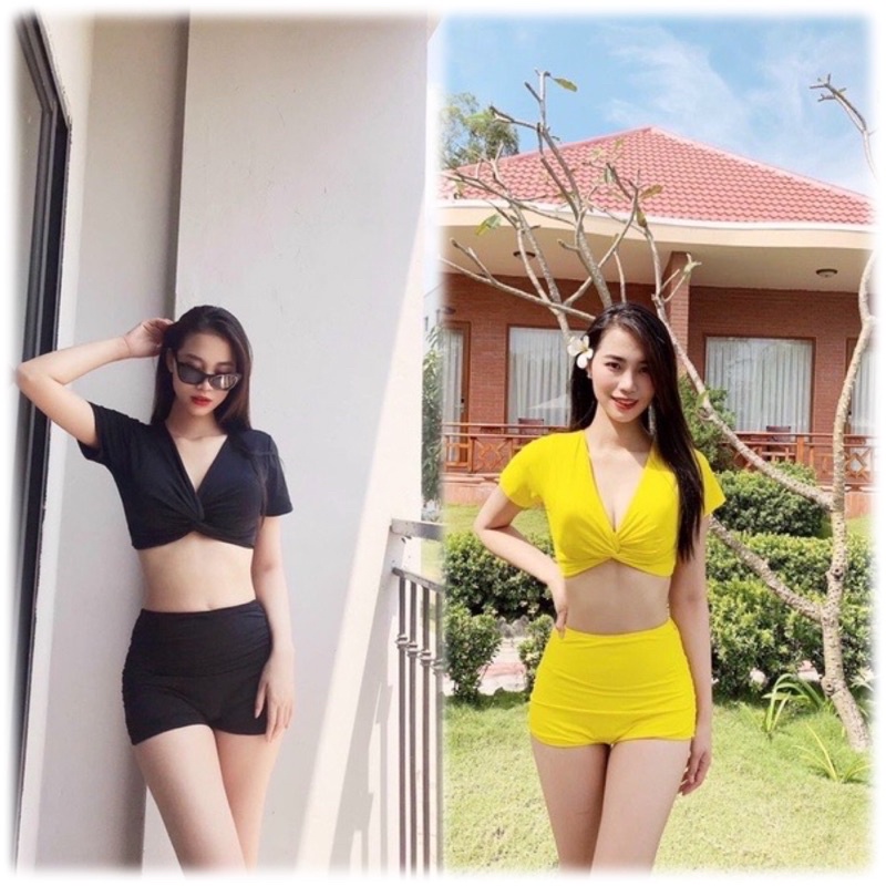 Bikini áo ngắn tay quần cạp cao