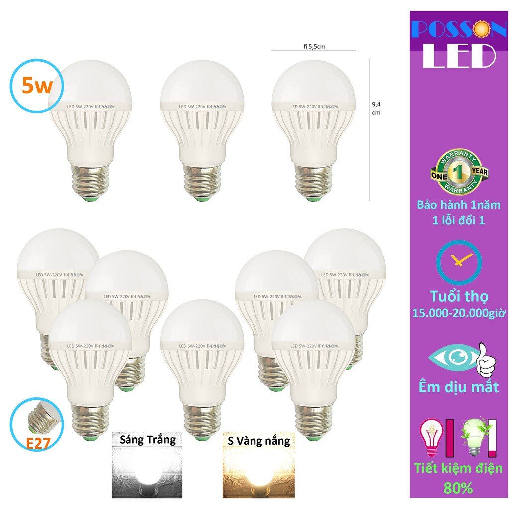 Sỉ 100 Bóng đèn Led 5w bup tròn tiết kiệm điện giá rẻ Posson SG LB-E5x