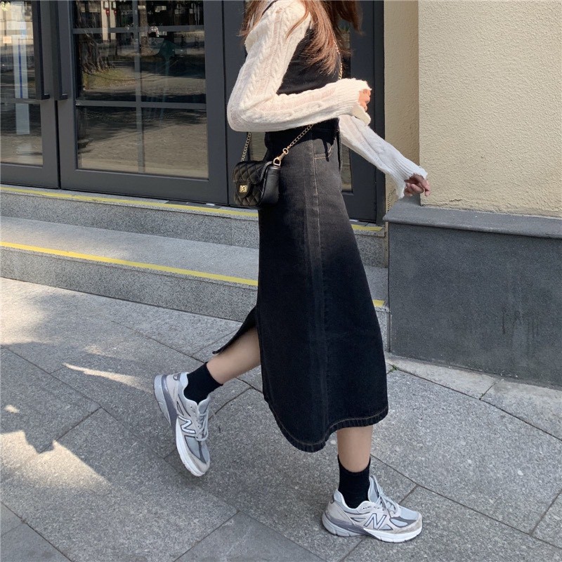 Chân váy jeans ulzzang dáng dài xẻ tà viền chỉ, chân váy bò dáng chữ A chun lưng