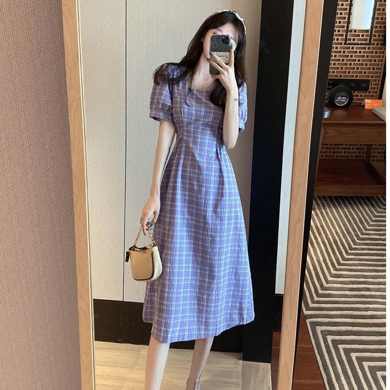 New Snapping up&Summer2021New French Vintage Dress Temperament Square Collar Midi Dress Waist Trimming Short-Sleeved Plaid Dress for Women