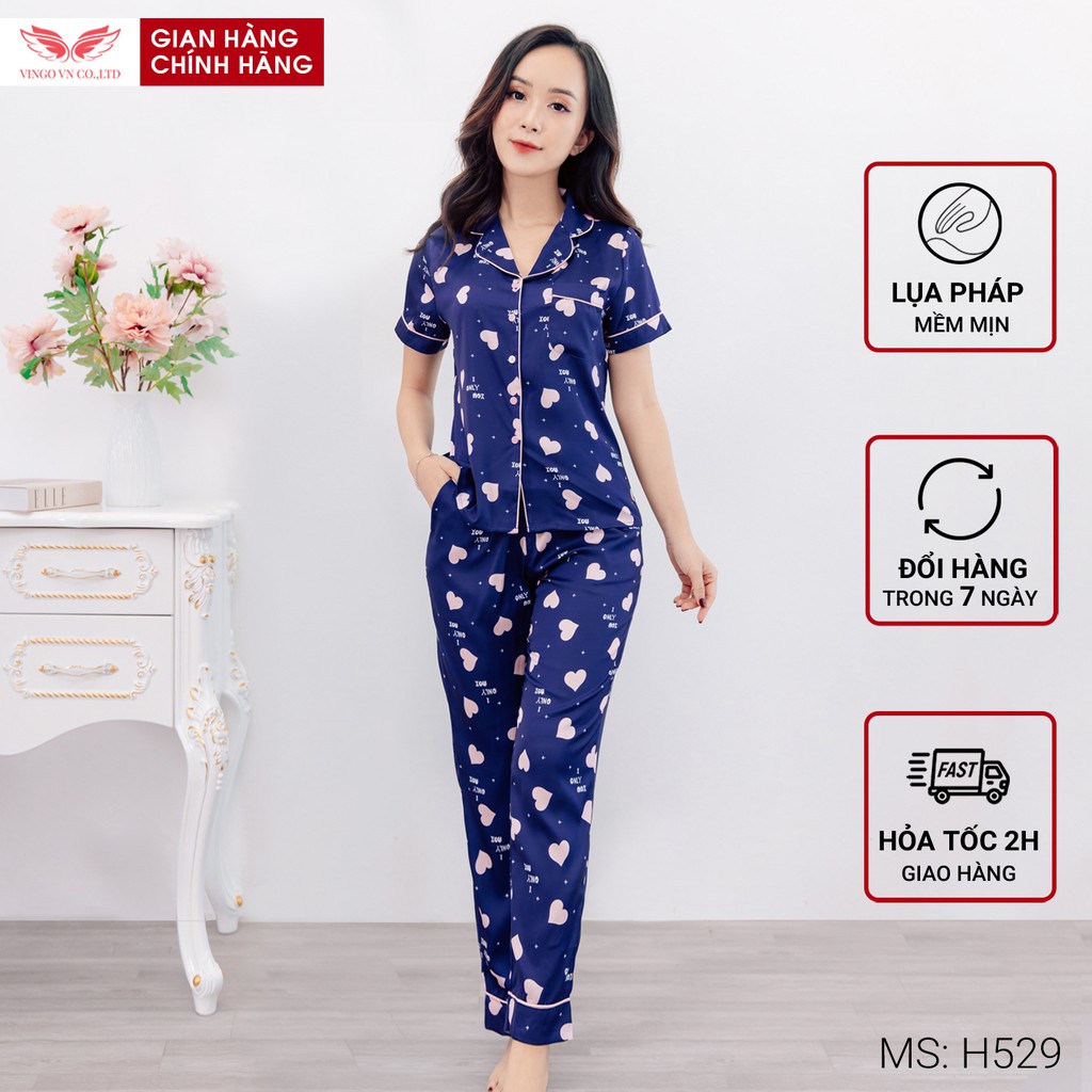 Bộ Đồ Mặc Nhà Pyjama Nữ VINGO Thu Đông Từ Lụa Pháp Cao Cấp Tay Cộc Quần Dài Họa Tiết Tim Hồng Nền Xanh H529 VNGO - TCQD