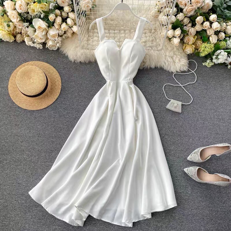 Váy đầm maxi hở lưng đan dây dáng dài xoè 2 dây xẻ ngực chữ V sexy đi du lịch biển