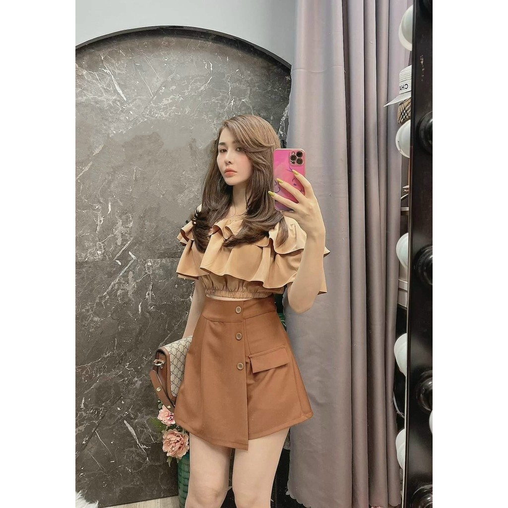 Set Áo Phối Bèo Trễ Vai Có Mút Ngực Và Quần Giả Váy Rose Fashion