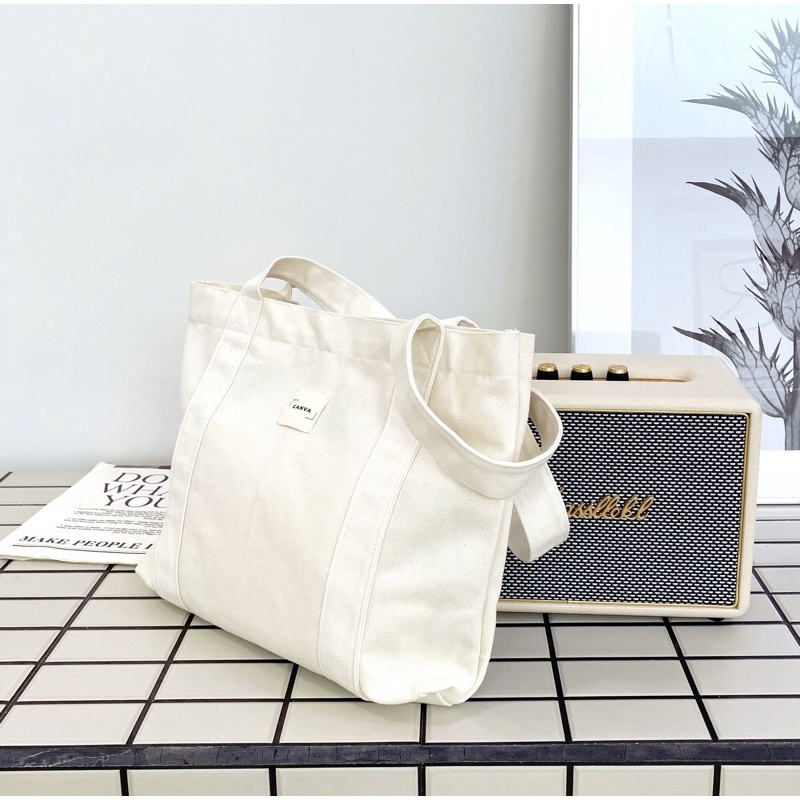 Túi tote vải bố canvas Lunar màu trắng kem vintage vừa laptop 15inch - unisex