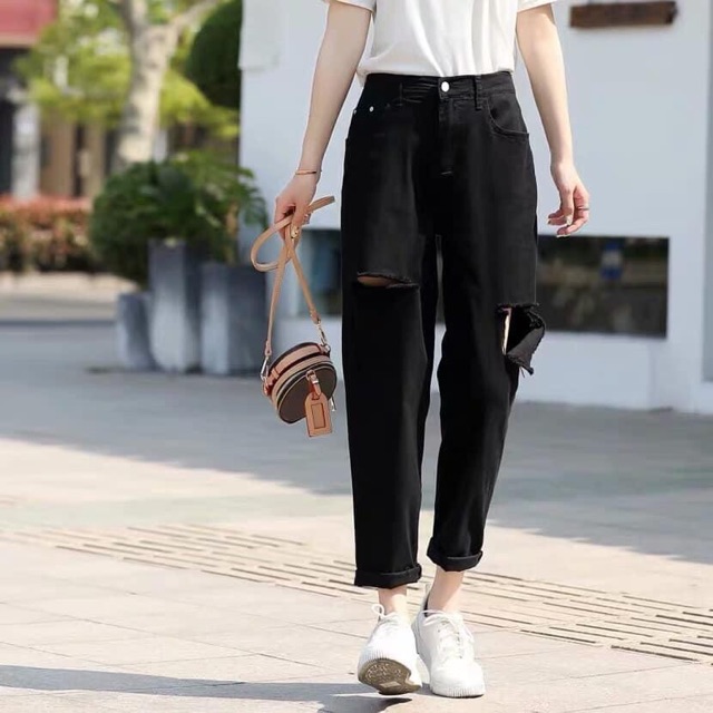 (Bigsize 30-35) Quần Baggy Boyfriend Đen Trơn/ Rách Sườn L và 1 Đùi, Lưng Cao, Không Giãn