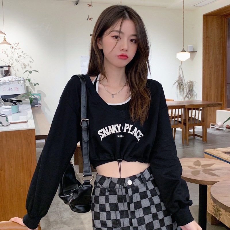 Set Áo Croptop Dài Tay Rút Eo Áo Croptop Nữ Cổ Tim Kèm Áo Thun 3 Lỗ
