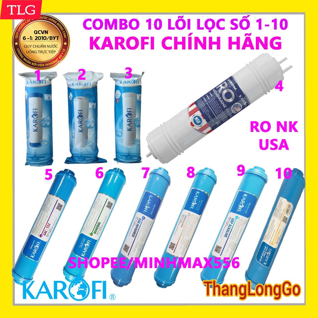 COMBO TRỌN BỘ 10 LÕI LỌC KAROFI  TỪ LÕI 1-10 | LÕI 123-RO ĐÚC MỸ-T33-MIN-FAR-NANO-ALKALINE-HYDROGEN