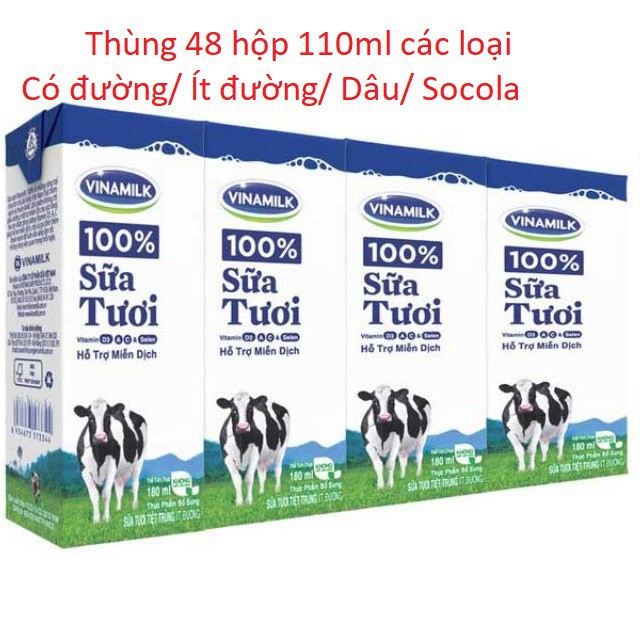 Thùng Sữa tươi Vinamilk 110ml có đường/ít đường/ Dâu/ Socola