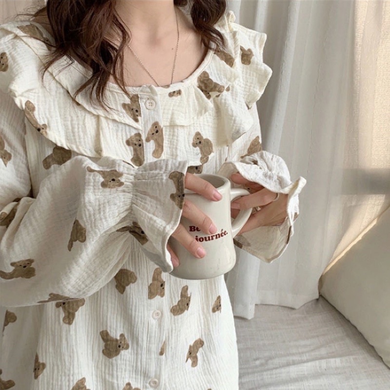 Đồ ngủ pijama dài tay đồ mặc nhà đũi xốp gấu nâu cổ bèo hè thu đông Hàn Quốc ullzang