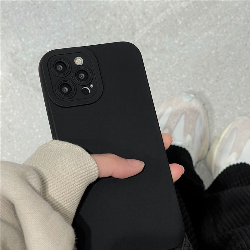 Ốp điện thoại da giả mềm màu đen đơn giản chống bám dấu vân tay thời trang cho iPhone 7Plus 8Plus 11 X XS 12 13 Pro Max