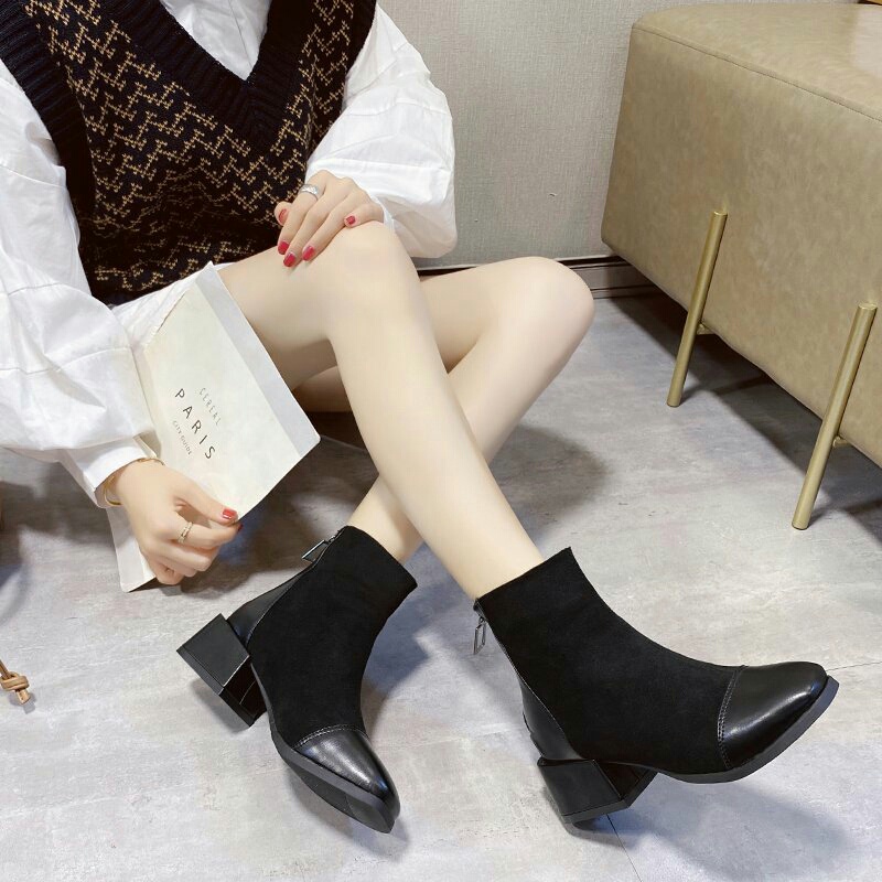 Có Ảnh Thật Bốt nữ chất da lộn khoá kéo sau phối mũi da phong cách hàn