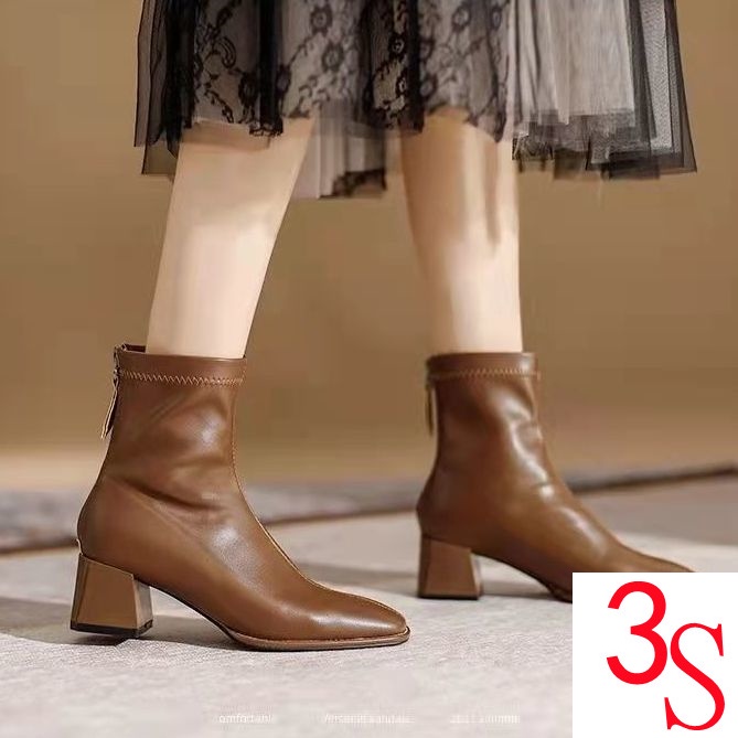 Giày Bốt Da Mềm Gót Thấp Dày Dặn Màu Nâu Phong Cách Pháp Thời Trang Mới 2021 Cho Nữ