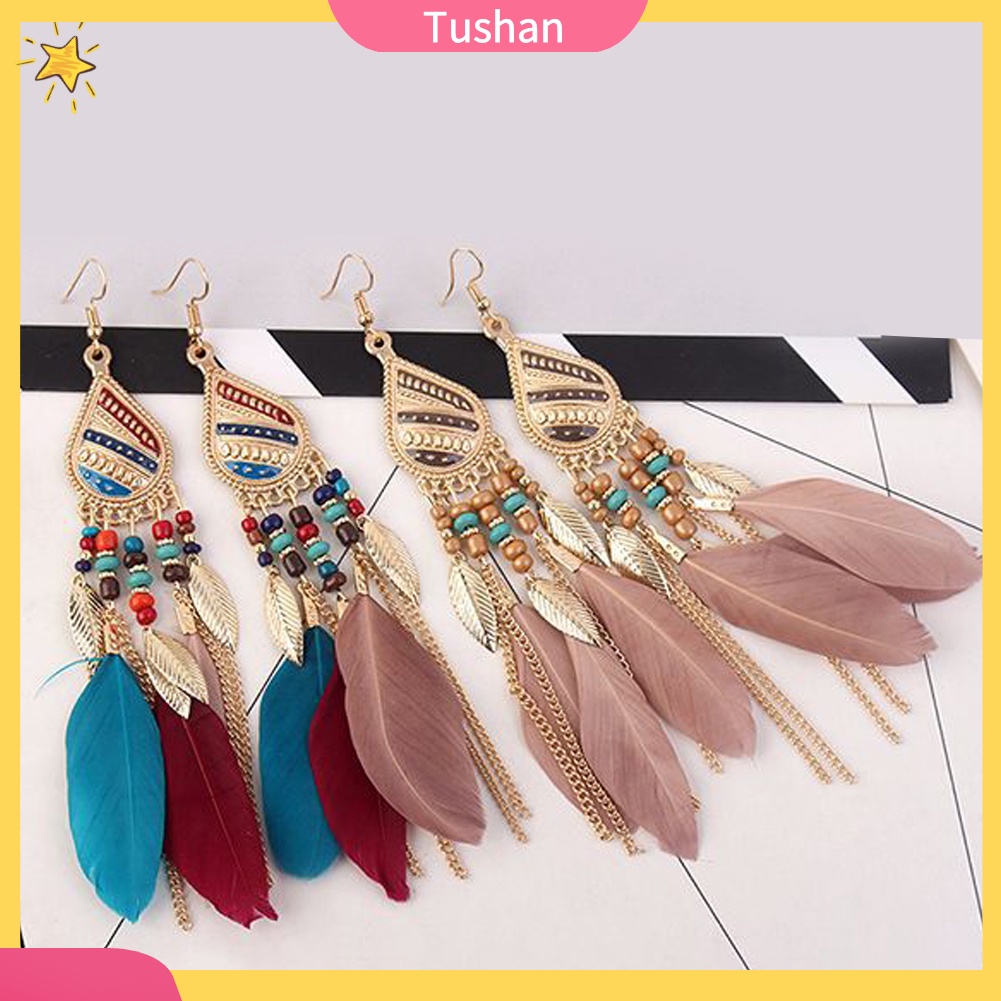 Khuyên tai dáng dài đính lông vũ phong cách thanh lịch dành cho nữ