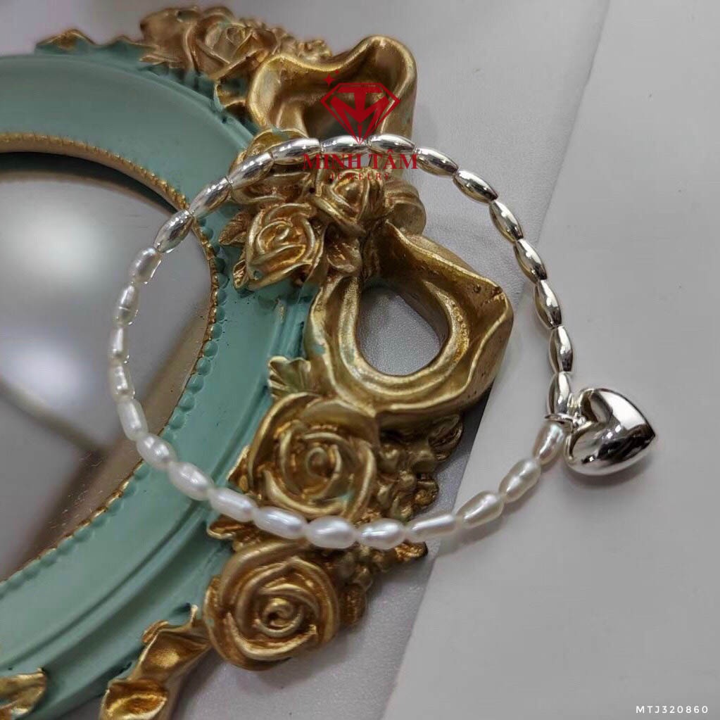 Lắc tay bạc nữ trái tim kết hợp hạt trai nuôi hạt gạo hàng cao cấp-Minh Tâm Jewelry