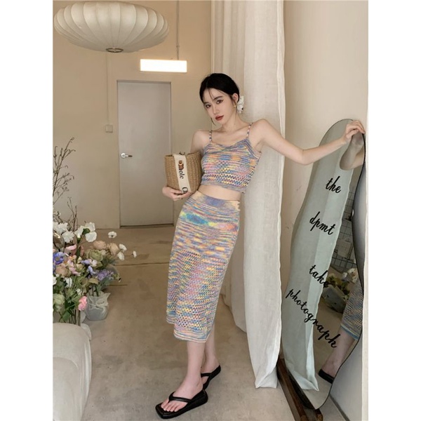 Set áo hai dây chân váy ôm sát loang màu sexy đi biển, đi chơi