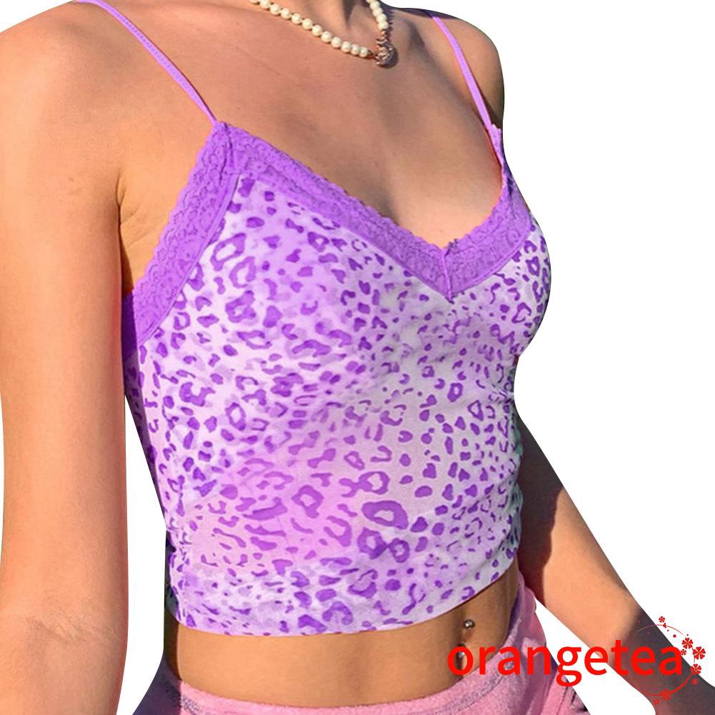 Áo Croptop Sát Nách Cổ Chữ V Phối Ren Họa Tiết Da Báo Quyến Rũ Thời Trang Hè Cho Nữ