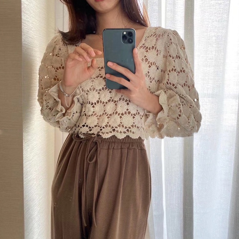 Brroa Áo Kiểu Dệt Kim Tay Phồng 3 / 4 Cổ Vuông Phối Ren Xuyên Thấu Thời Trang Cho Nữ Cr