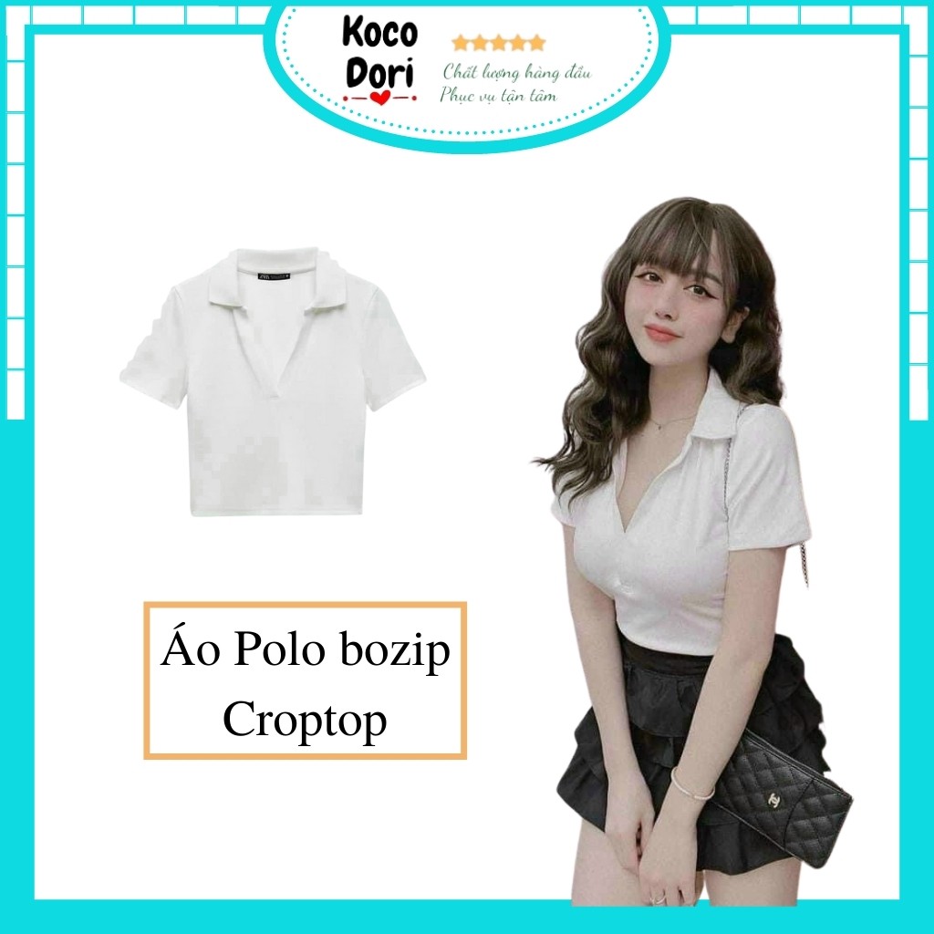 Áo thun nữ, áo polo kiểu croptop, chất cotton zip loại 1 Koco Dori