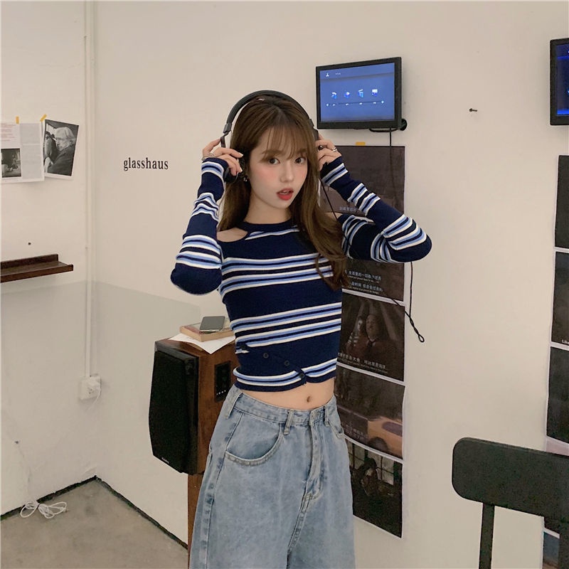 Áo Thun Tay Dài Trễ Vai Họa Tiết Kẻ Sọc Thời Trang Cho Nữ