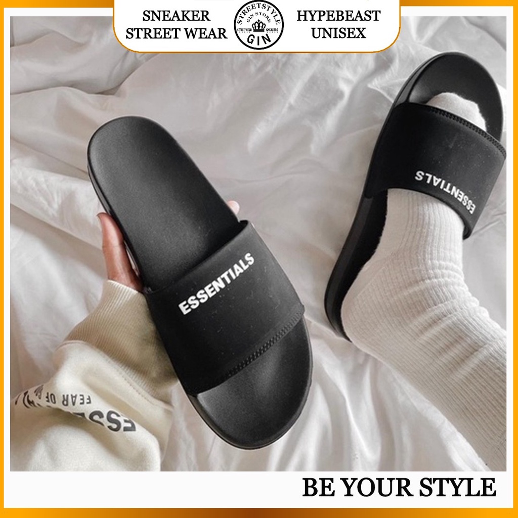 Dép quai ngang slipper ESSENTIALS FOG Basic chữ đen Unisex phong cách ulzzang - Gin Store