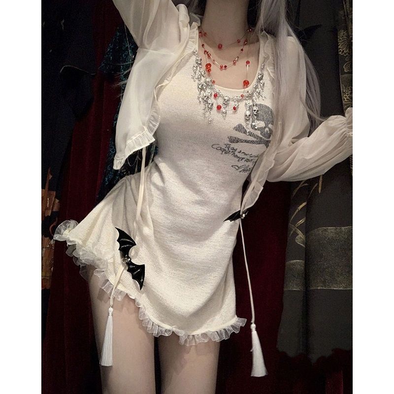 Đầm Hai Dây Màu Trắng Sữa Phong Cách Gothic Mẫu Mới Mùa Hè y2k Millennium Cho Bé Gái