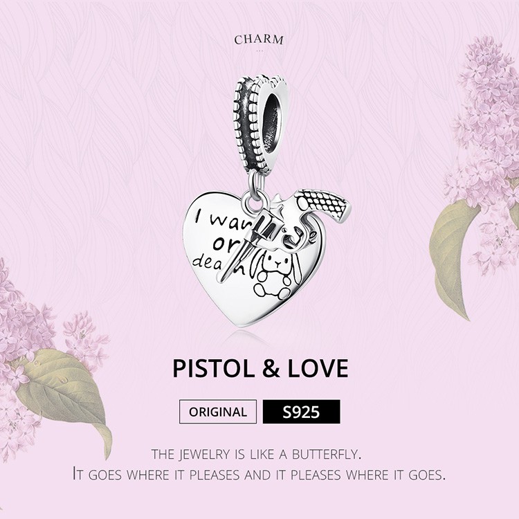 Mặt vòng tay/dây chuyền BAMOER Scc1993 bằng bạc 925 hình trái tim và súng lục lỗ 4.5mm thích hợp cho DIY