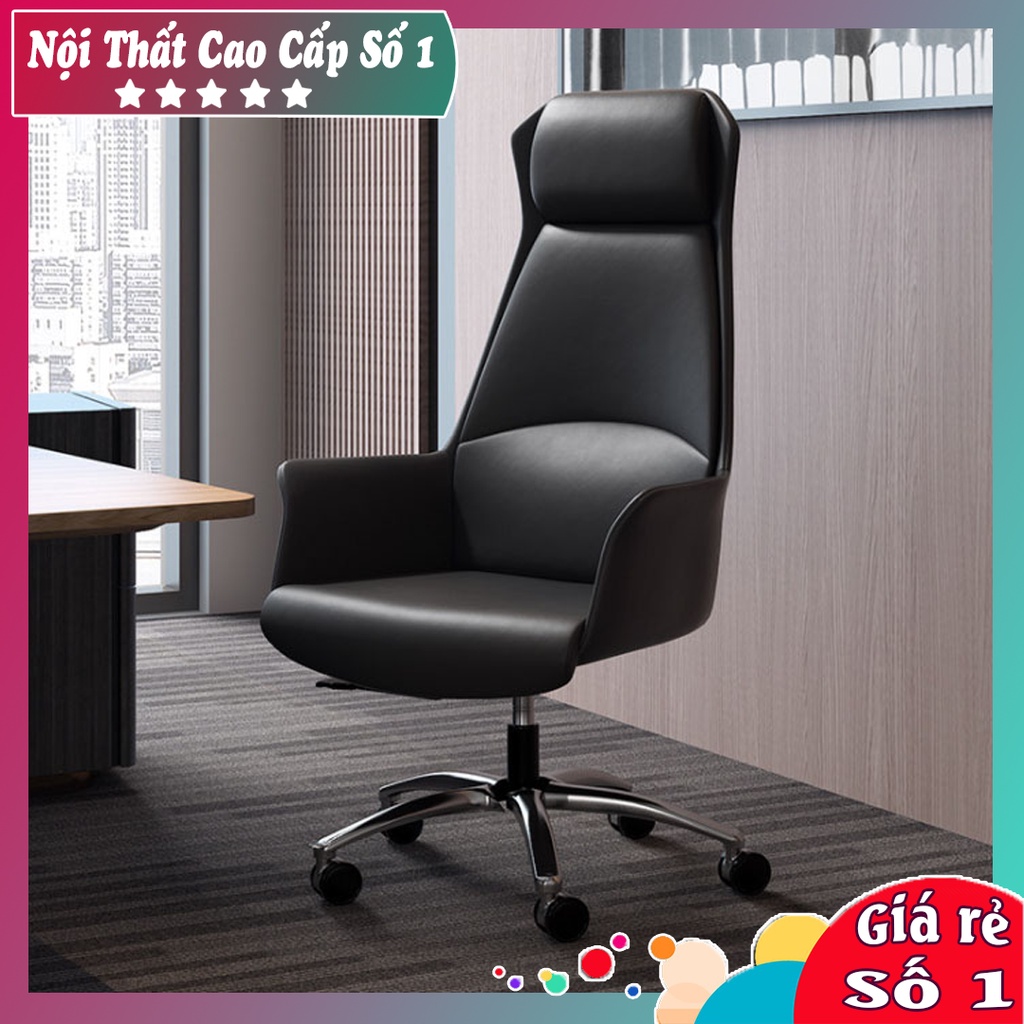 Ghế giám đốc BỌC DA cao cấp có tựa đầu - Ghế lãnh đạo chân xoay tăng giảm chiều cao với đệm bọt biển dày
