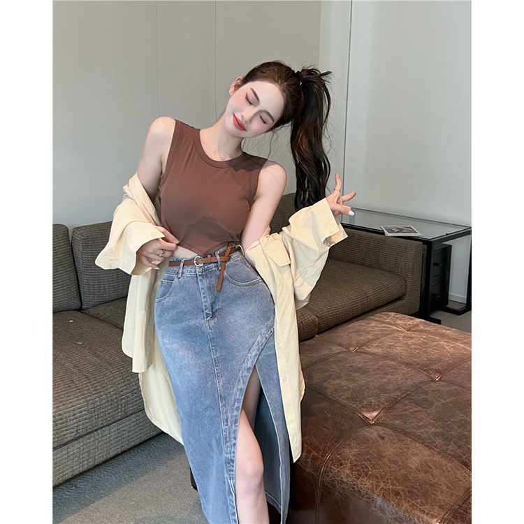 Bộ Áo Hai Dây + Áo Sơ Mi Tay Dài Chống Nắng + Chân Váy Denim Xẻ Tà Lưng Cao Thời Trang Quyến Rũ Cho Nữ