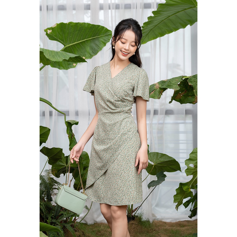 Váy Hoa Nhí Vintage LUPERI Cổ Chữ V, Cách Điệu Eo, Chất Liệu Lụa Hàn Cao Cấp LFV3269