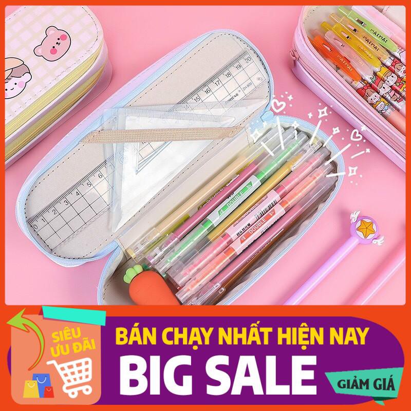 Hộp bút da PU nhiều ngăn hình thú, bóp viết 2 tầng cỡ to chống nước màu pastel cho bé gái