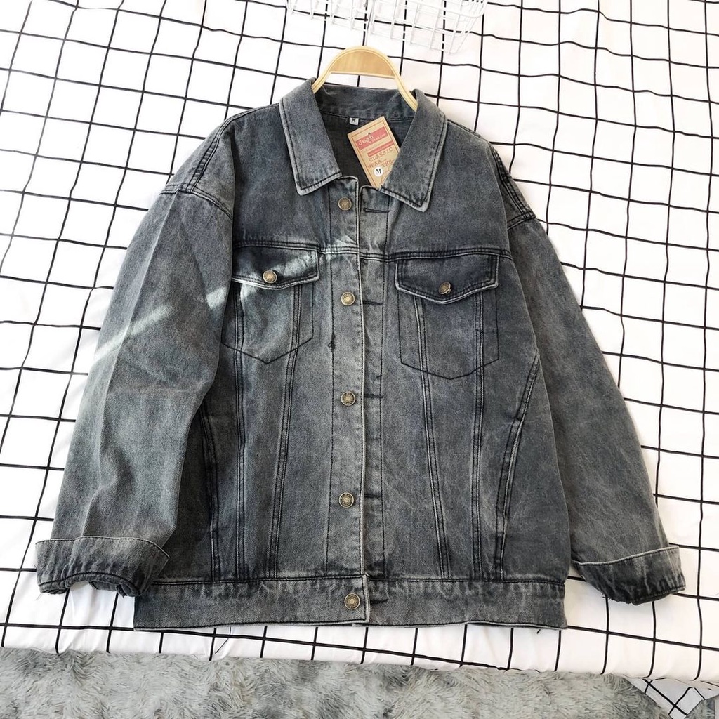 Áo Khoác Jean unisex nam nữ MEANSTORE demin tay dài khoác bò form rộng phong cách Ullzang Hàn Quốc xanh đen basic