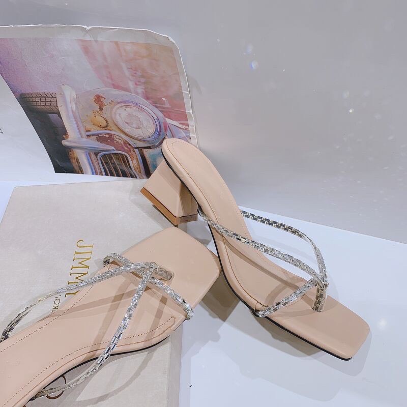 Dép nữ 5 phân cao gót đế vuông quai chéo đính đá Thiên Hương VNXK BP51L118 Guốc cao gót sandal 5p 3 màu trắng đen kem