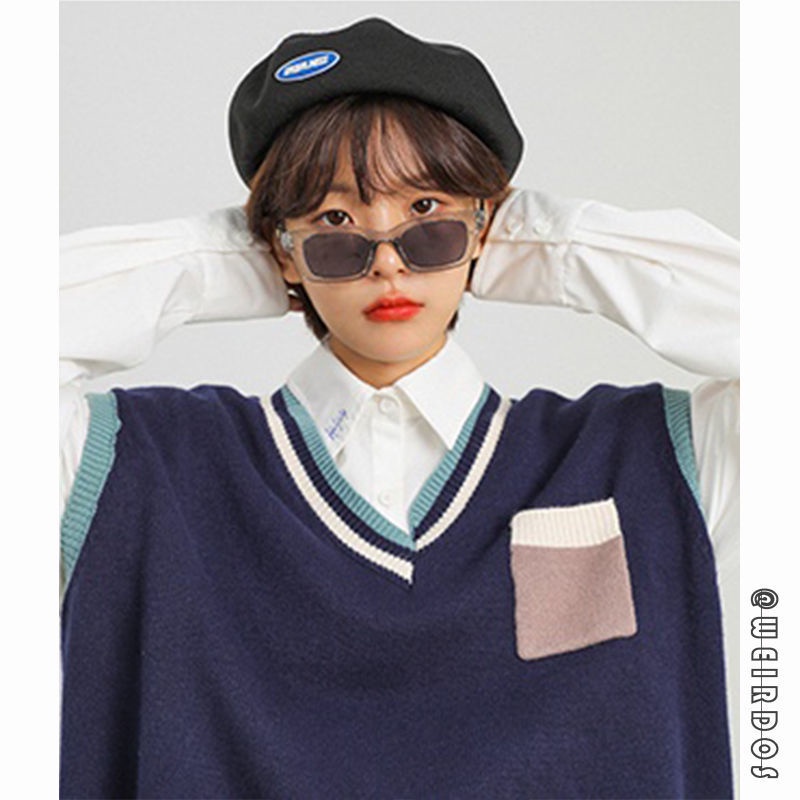 Áo len không tay phối màu tương phản phong cách vintage Nhật Bản
