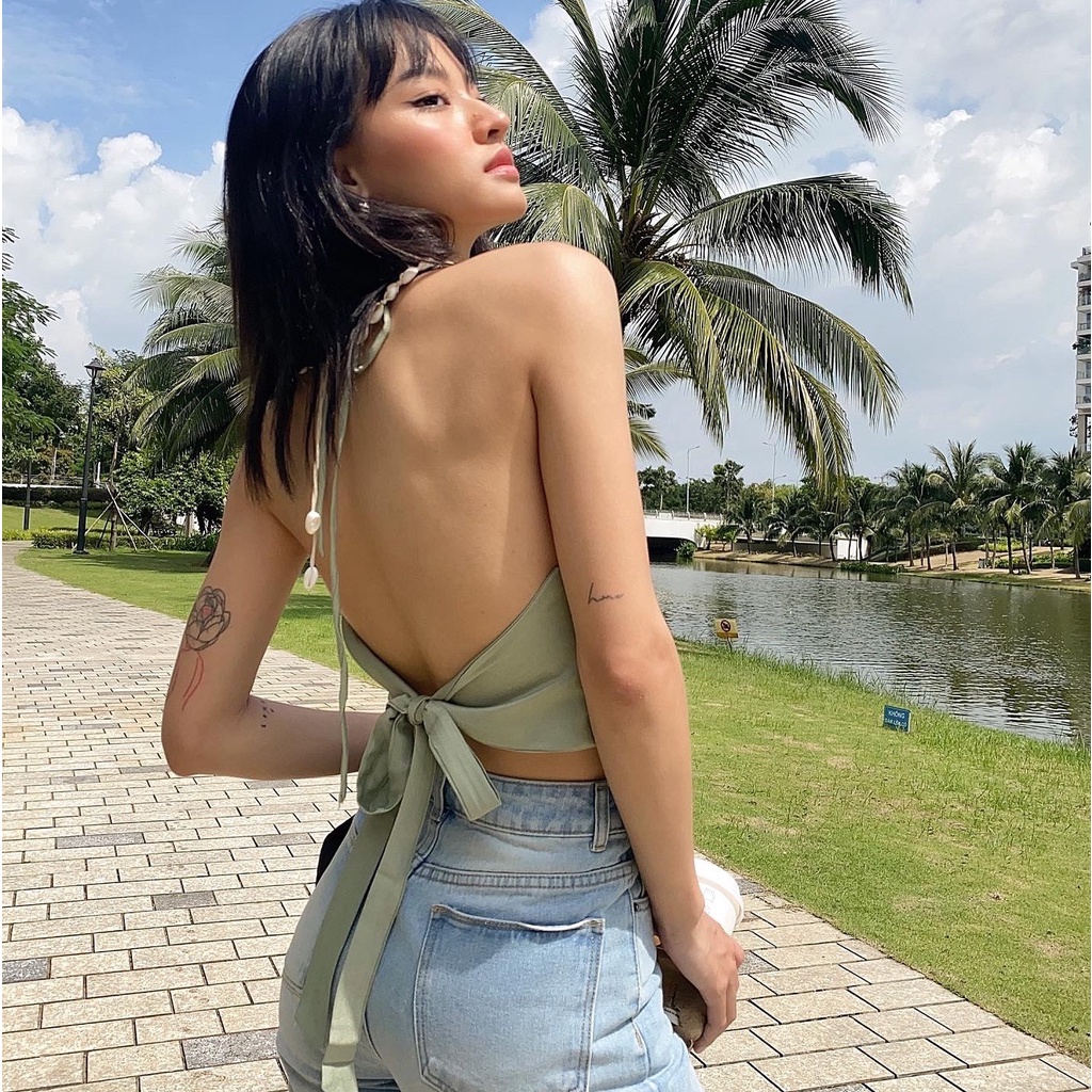 Áo yếm croptop nữ phi lụa lanie top TOPTIFY xẻ ngực thắt nơ lưng VA03