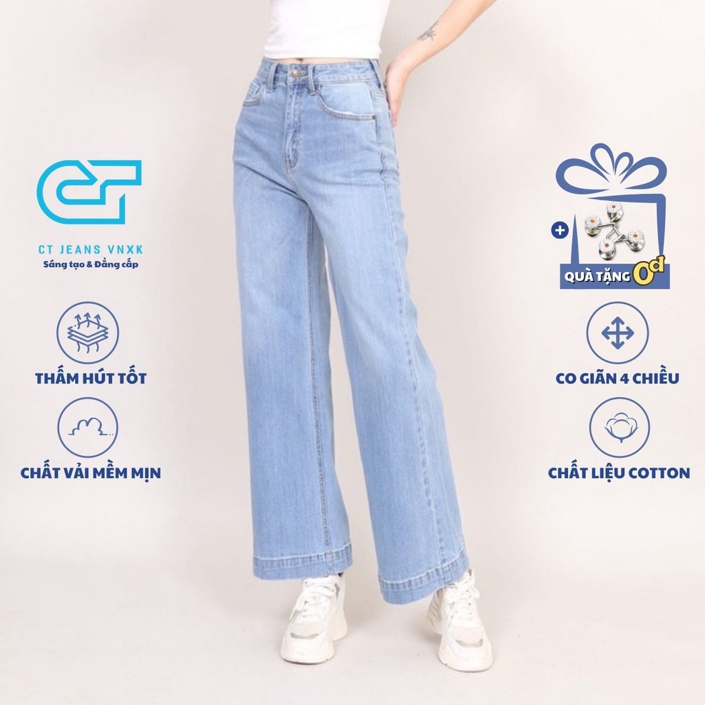 Quần Jean Nữ Ống Rộng cạp cao co giãn dáng dài trơn Gấu bản To 3cm CT JEANS
