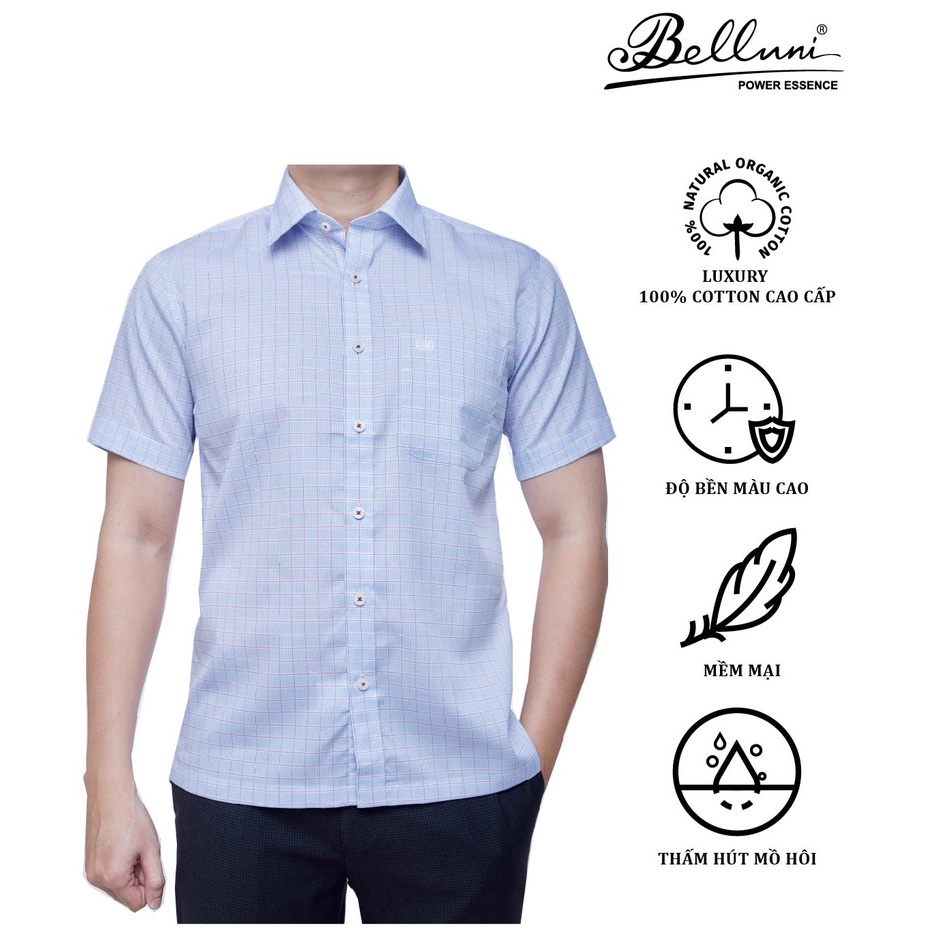 Áo sơ mi nam ngắn tay BELLUNI LUXURY chất 100% Cotton cao cấp kẻ ô xanh sọc đỏ - ABN.CM.BE.211.R6