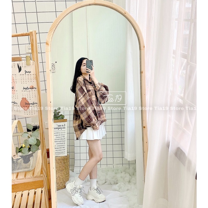 Áo somi kẻ oversize Tia19 . Áo sơmi ulzzang tay bồng ( Ảnh thật)