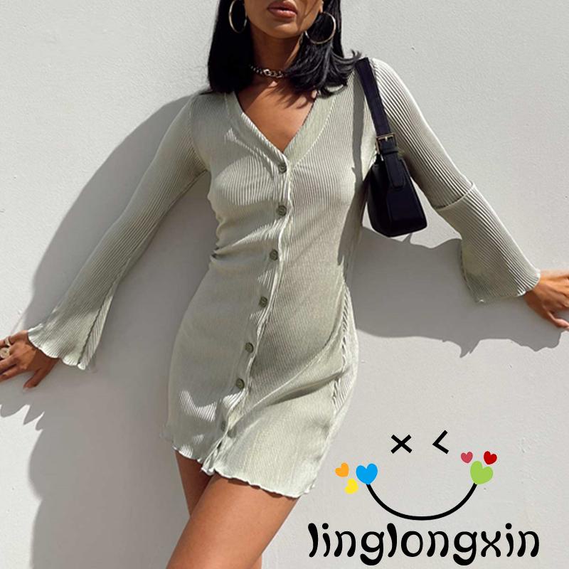 Đầm Dài Tay Dáng Ôm Cài Nút Màu Trơn Linglongxi2-fit