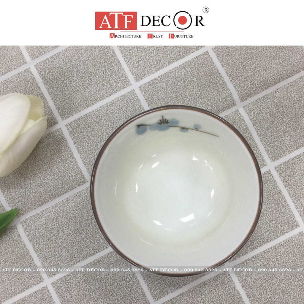 Đĩa đựng gia vị, đĩa gia vị sứ, bát mắm Bát Tràng cao cấp men kem vẽ hoa đào xanh - ATF DECOR