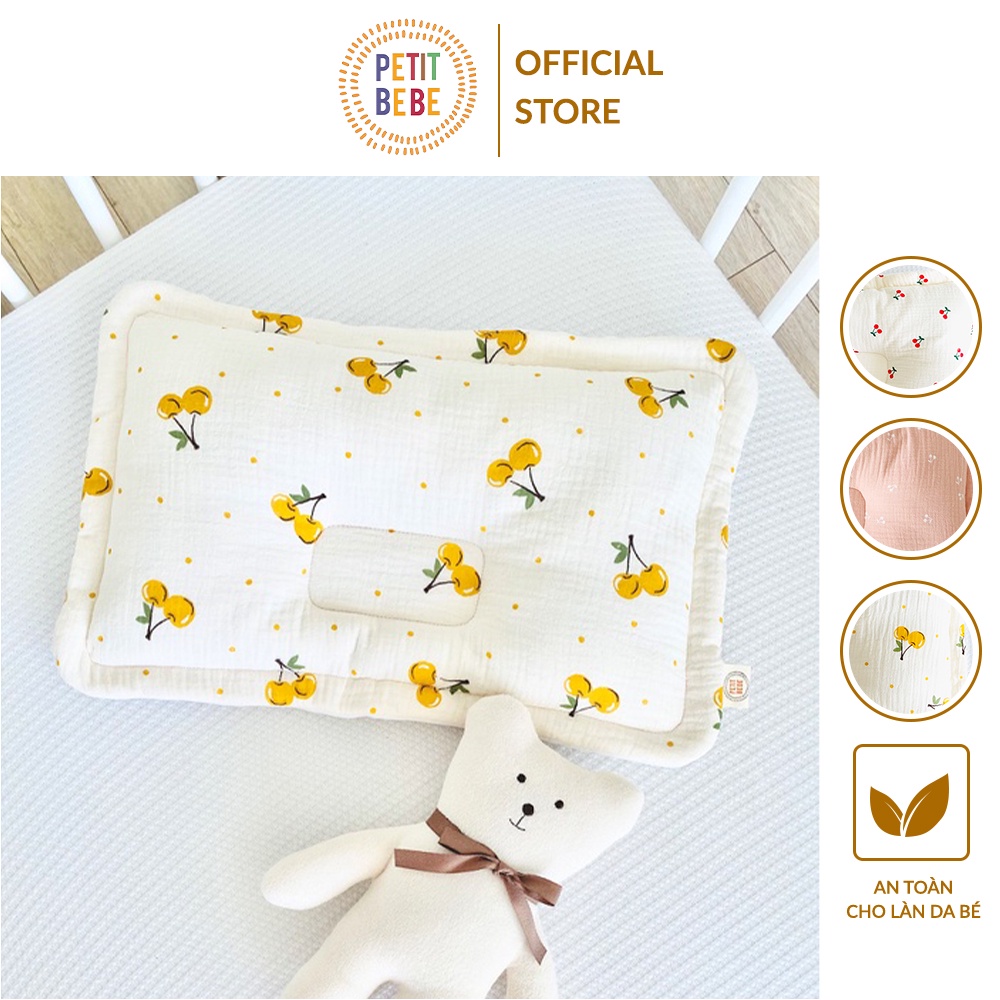 Gối lõm chống bẹp đầu chữ nhật họa tiết cherry PETIT BEBE muslin thấm hút thoáng khí cho bé từ 3 tháng tuổi