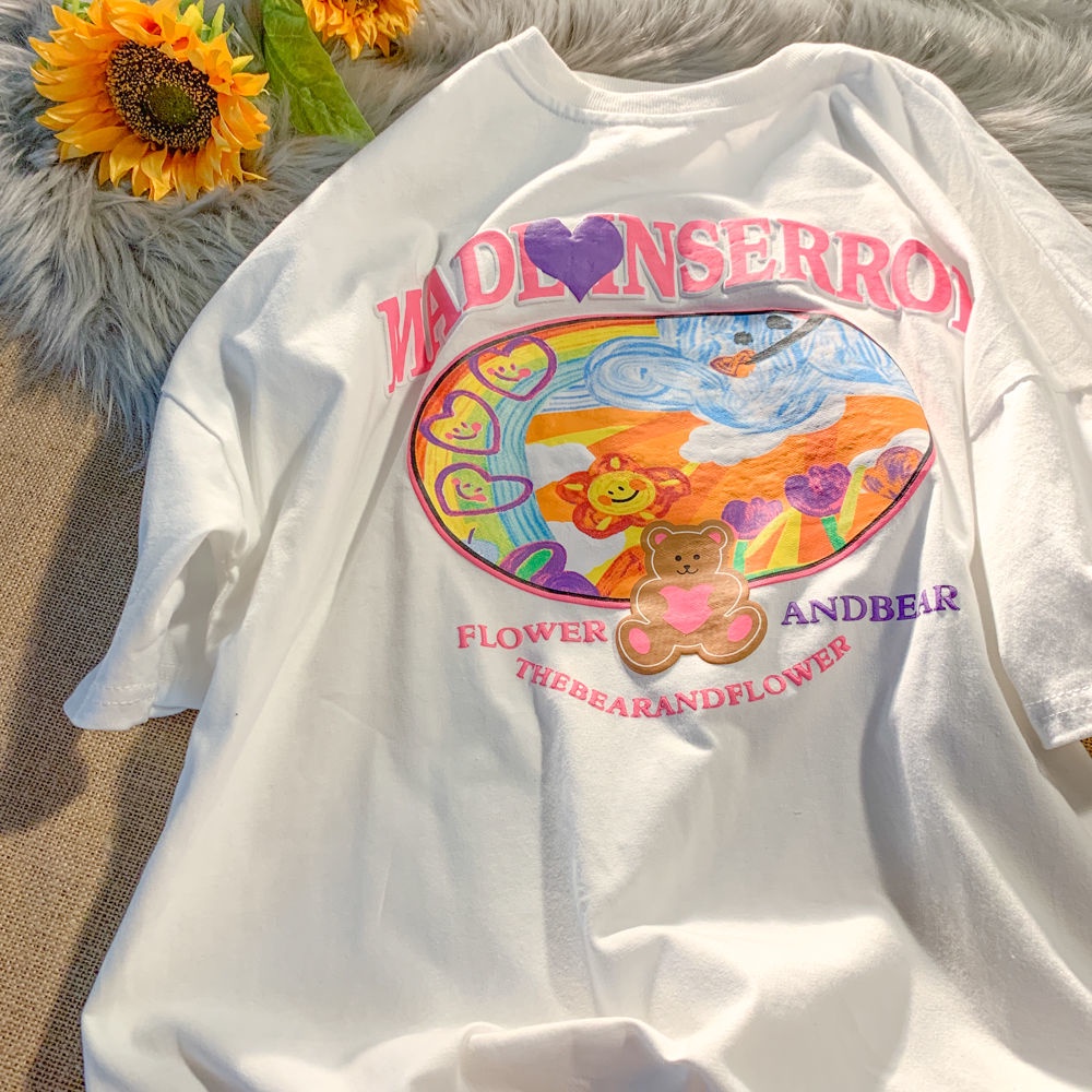 Áo thun tay ngắn in họa tiết gấu hoạt hình và chữ cái graffiti trẻ trung thời trang | BigBuy360 - bigbuy360.vn